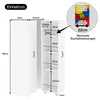 A diagram showing the dimensions of a white shelving unit, with an inset showing a book with its dimensions. Náhled obrázku produktu