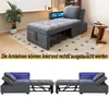 A sofa bed shown in different configurations and a room setting. Voir les images du produit