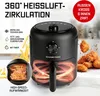 A black air fryer is shown with graphics and text highlighting its features, along with images of fried food. Produktbild-Vorschau