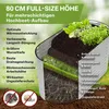 A diagram illustrating the layered structure of a raised garden bed, with text labels and feature callouts. Produktbild-Vorschau