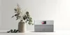 A modern radio sits on a white surface next to a vase of greenery. Anteprima dell’immagine prodotto