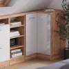 A corner cabinet with white high-gloss doors and wood-effect panels, shown in a room setting with books on shelves. Náhled obrázku produktu