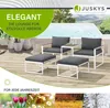 A garden lounge set with chairs and ottomans on a wooden deck, with a pool and greenery in the background. The image also includes seasonal vignettes at the bottom. Produktbild-Vorschau