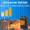 A person sleeping in bed with a heater nearby, illustrating quiet operation. Produktbild-Vorschau