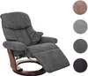 A recliner chair is shown in a studio setting with color swatches on the side. Produktbild-Vorschau