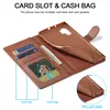 A brown leather phone case is shown open, displaying its card slots and cash pocket. A separate phone shell is also visible. Produktbild-Vorschau