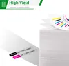 A stack of white paper with a chart on top, and a graphic indicating high yield and page counts for black and color printing. Produktbild-Vorschau