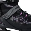 A close-up view of a black and purple inline skate. Voir les images du produit