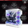 A white high-end gaming PC with RGB lighting, showcasing its internal components and features through callout boxes. Produktbild-Vorschau