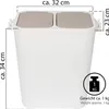 A white dual-compartment trash can with dimensions and weight indicated by text overlays and icons. Náhľad obrázku produktu