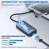 A USB-C to Ethernet adapter connected to a laptop, with a network cable plugged into the adapter. Produktbild-Vorschau