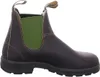 A single brown leather boot with green elastic side panels is shown against a white background. Produktbild-Vorschau
