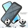 A product shot of a phone case with a transparent back and black bumper, shown from a diagonal angle, with a cracked ground effect and a close-up inset showing shock absorption. Produktbild-Vorschau