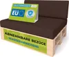 A brown cushion set on a wooden pallet base, with marketing signs in front and on top. Podgląd zdjęcia produktu