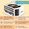 A retro-style record player with various features highlighted by text and icons. Produktbild-Vorschau