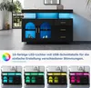 A black sideboard with LED lighting is shown from the front, with different colored lighting options displayed in the lower panels. Náhled obrázku produktu