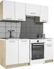 A modern kitchen unit with white cabinets and a wood-tone base, featuring a sink, faucet, and oven. Náhľad obrázku produktu