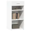 A white sideboard with shelves and a drawer, containing books and a decorative item. Voir les images du produit