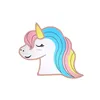 A cartoon-like illustration of a unicorn's head, facing left, with its eyes closed and a gentle smile. The unicorn has a pink mane and tail, with streaks of blue and yellow. Its horn is yellow. Produktbild-Vorschau