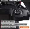 Close-up of a device's control panel with an engine start button and feature callouts. Produktbild-Vorschau