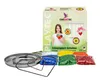 A product shot of a craft kit for making colorful plastic discs, with the packaging and all components laid out. Produktbild-Vorschau