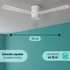 A white ceiling fan is shown suspended from a white ceiling against a teal wall. Text overlays provide product details. Náhled obrázku produktu