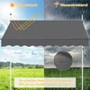 A split image showing a gray awning under sunny skies on the left and heavy rain on the right, with a close-up of water droplets on the fabric. Produktbild-Vorschau