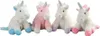 Four plush unicorns sitting side-by-side against a white background. Produktbild-Vorschau