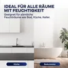 A split image showing a modern kitchen on the left and a bathroom with a bathtub on the right, with text overlays highlighting suitability for damp rooms. Produktbild-Vorschau