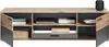 A lowboard with multiple compartments and doors, displaying books, decorative items, and storage baskets. Produktbild-Vorschau
