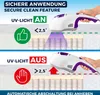The image shows a split view demonstrating the safe use of a UV-C light mite vacuum cleaner. The top half shows the UV light on and the device at a safe angle, while the bottom half shows the UV light off and the device at a steeper angle, indicating autom Produktbild-Vorschau