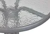 Close-up of the edge of a round glass-top table with a metal frame. Produktbild-Vorschau