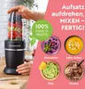 A person is holding a blender filled with fruits, with various food items and text overlays promoting the product's versatility. Podgląd zdjęcia produktu