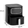 A black air fryer with dimensions indicated by lines and text. Produktbild-Vorschau