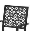 Close-up of the backrest of a black metal chair with a geometric pattern. Produktbild-Vorschau