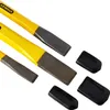 A close-up view of three chisels with yellow handles and metal blades, along with three black protective caps. Anteprima dell’immagine prodotto