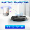 A portable Bluetooth CD player is shown transmitting audio to a speaker, with musical notes and sound waves depicted to illustrate the wireless connection. Icons representing headphones, earbuds, and a speaker are displayed at the bottom. Produktbild-Vorschau