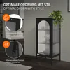 A black display cabinet with glass doors and shelves, featuring promotional text and close-up details of its features. Náhľad obrázku produktu