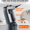 Close-up of the handle of a black immersion blender with orange and red labels highlighting features. Voir les images du produit