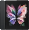 A black phone case is shown open, displaying the screen of a Samsung Galaxy Z Fold3 with a colorful abstract wallpaper. Produktbild-Vorschau
