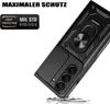 A black phone case with a ring holder and camera cover is shown at an angle, with a white background. Produktbild-Vorschau