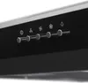 A close-up view of the control panel of a black range hood, showing buttons and icons. Podgląd zdjęcia produktu