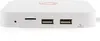 The front view of a white Android TV box with various ports and labels. Produktbild-Vorschau