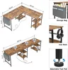 Collage of images showing an L-shaped desk with dimensions, storage bag, headphone hook, and adjustable foot pad. Anteprima dell’immagine prodotto