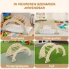 A collage of four images showing a wooden climbing arch in different settings: indoors with toys, in a kindergarten, on a play mat, and outdoors on grass. Podgląd zdjęcia produktu