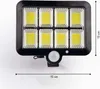 A black solar spotlight with a motion sensor is shown against a white background. Dimensions are indicated by lines and text. Produktbild-Vorschau