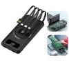 A collage of images showing a black power bank with integrated cables and a wireless charging pad, along with examples of it being used to charge phones and earbuds. Produktbild-Vorschau