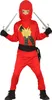 A child wearing a red ninja costume with black accents and holding two toy swords. Produktbild-Vorschau
