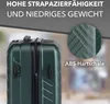 A close-up of a green suitcase with text overlays highlighting its features. Produktbild-Vorschau
