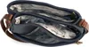 A close-up view of the interior of a dark blue handbag with brown leather accents. Produktbild-Vorschau